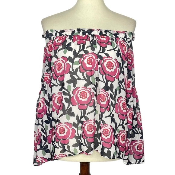 LOFT Tops - Loft Shirt Womens XS Blouse Off the Shoulder White Pink Rose Print Lined Chiffon